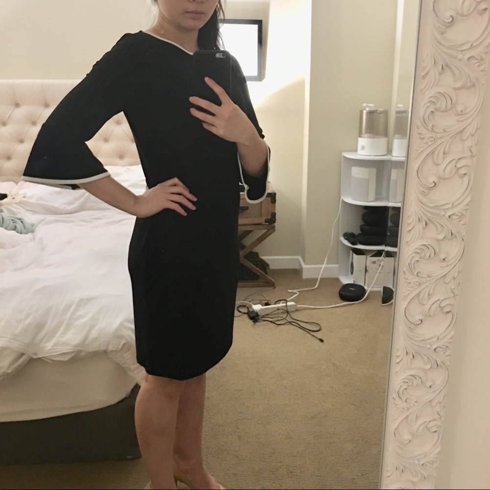NWT Black dress with white piping, fluted sleeve